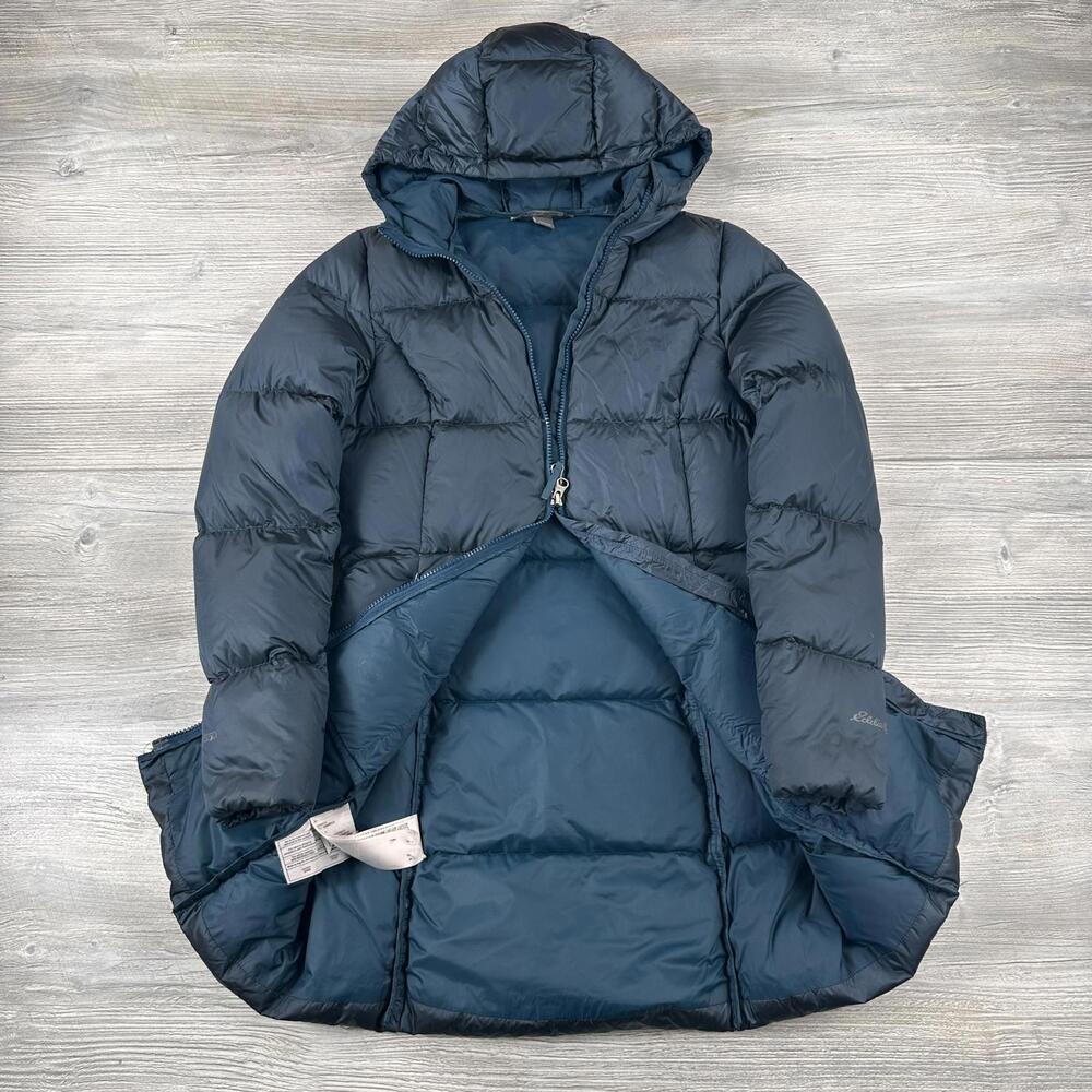 Eddie Bauer Down Puffer Jacket Womens XS Deep Teal Long Parka Hooded EB550 EUC